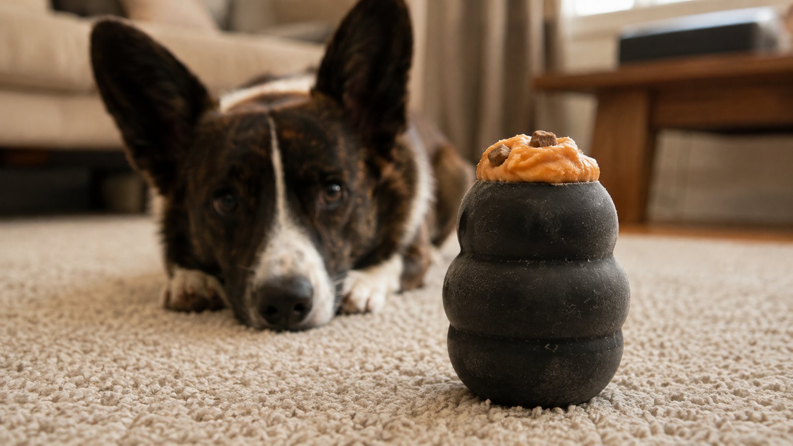 Frozen pumpkin Kong filling for dogs, with a corgi waiting for it