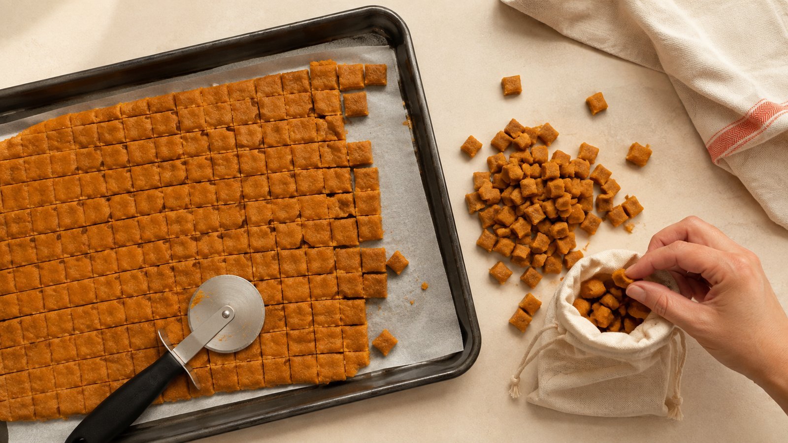 Soft pumpkin and peanut butter dog training treats cut into tiny squares on a baking tray