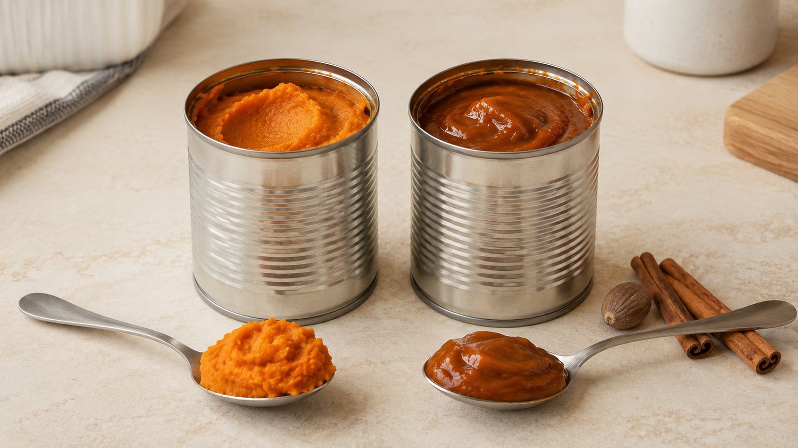 Plain pumpkin puree next to pumpkin pie filling - only the plain puree is safe for dogs