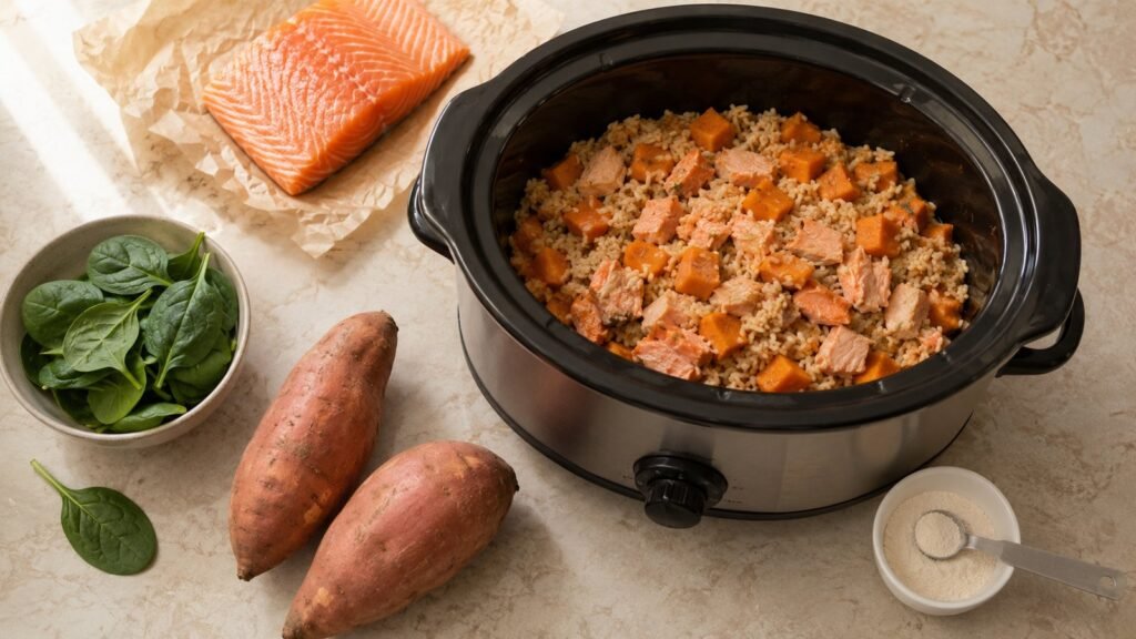 Homemade senior dog food recipes in a slow cooker with salmon, sweet potato and spinach