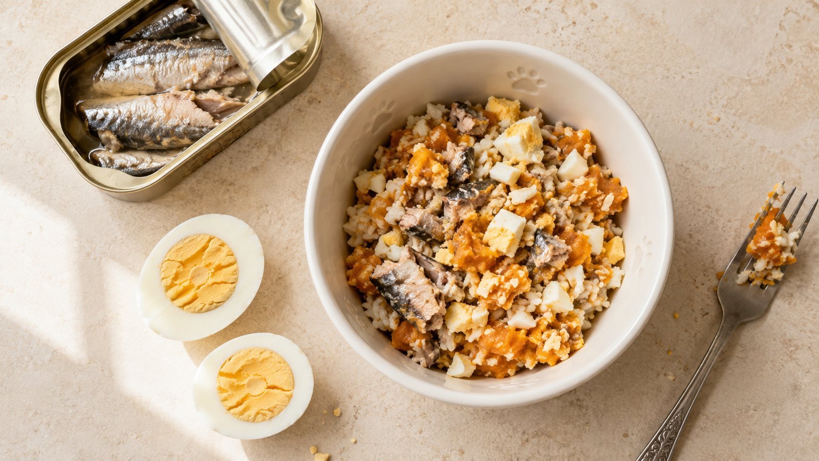 Sardine and egg mash for senior dogs, a five-minute no-cook recipe