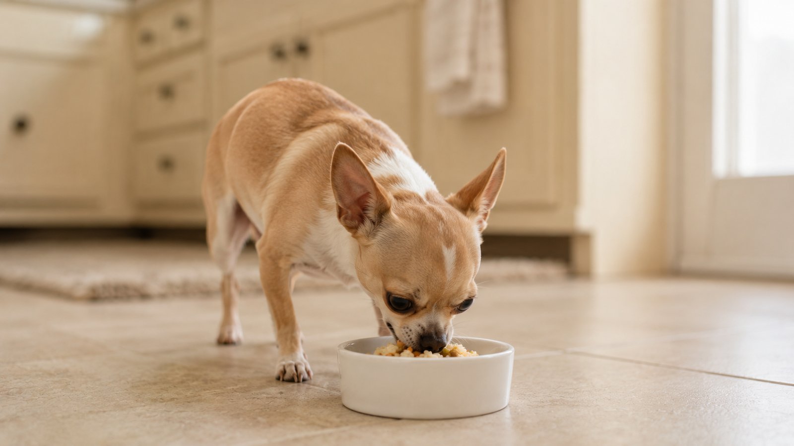 A small dog eating a portion of homemade dog food from a bowl