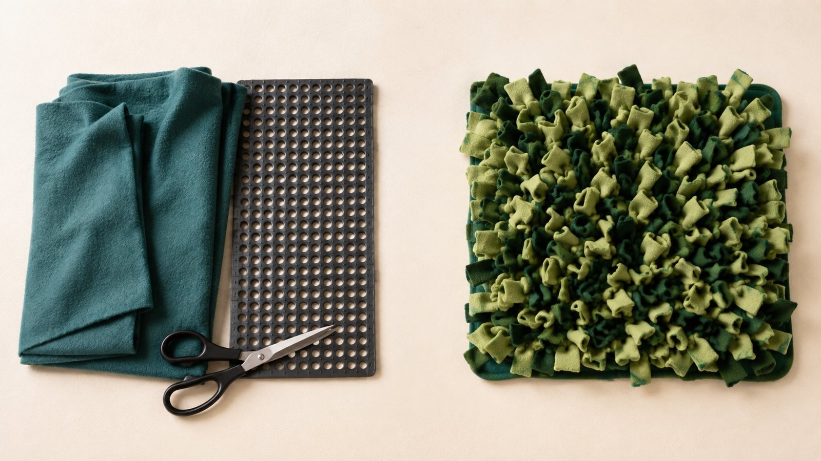 Snuffle mat DIY materials next to a shop-bought snuffle mat - comparing the cost of making one versus buying one